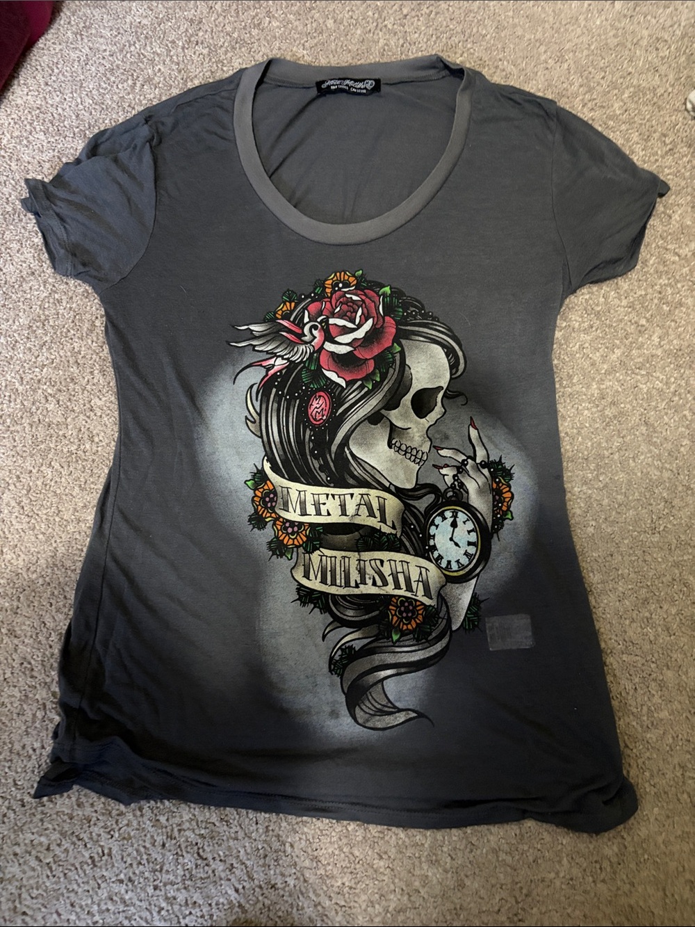 Metal Mulisha Women's Gray Short Sleeve Tee with Skull Rose Graphic